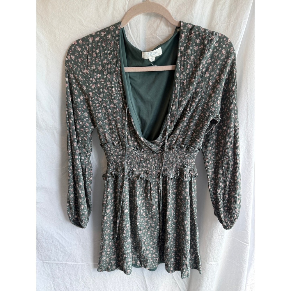 Peach Love California Green Floral Plisse Mini Dress Smocked Waist Long Sleeve M